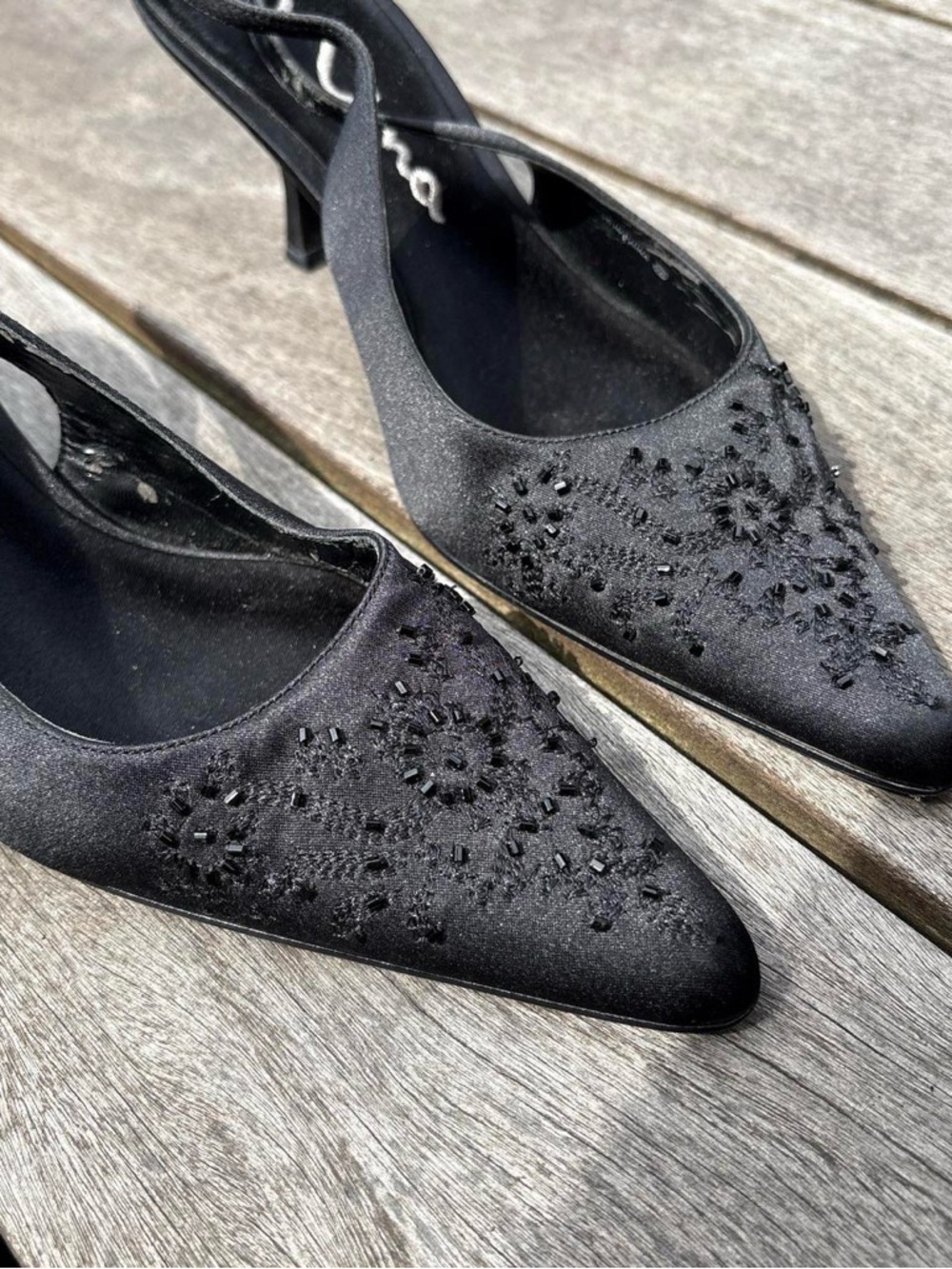 Nina Black Satin Beaded Pointed Slingback Kitten Heels